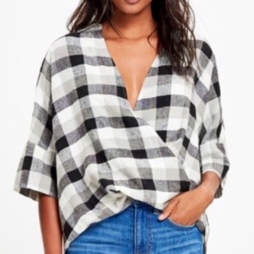 Madewell | Linen Blend Plaid Black & White Courier Drape Front Top | Small